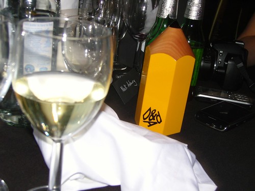 Mike's glass, Nick's name tag and pencil